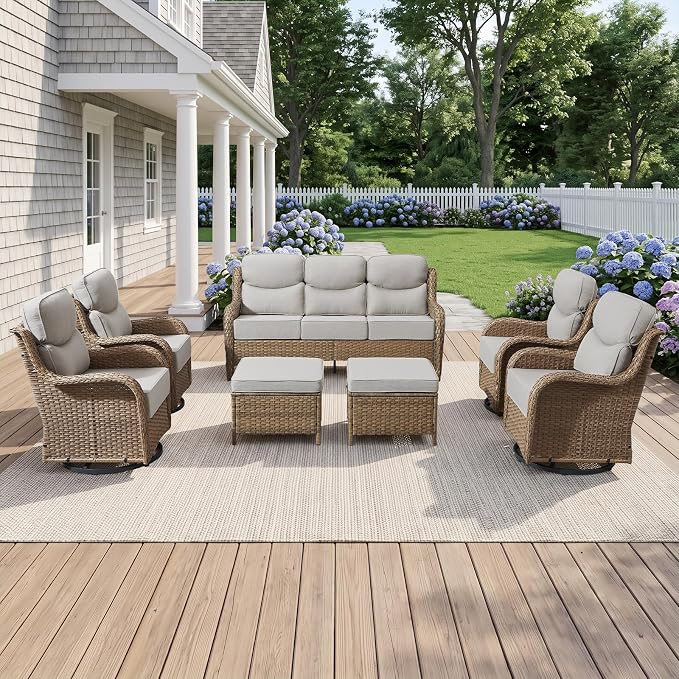 Luxury High Back Outdoor Furniture with 6-Inch Thick Cushions, Patio Furniture Set with Swivel Chairs, 7 PCS Wicker Conversation Set for Porch, Balcony, Deck and Yard