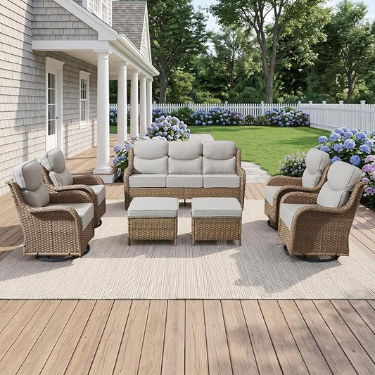 Luxury High Back Outdoor Furniture with 6-Inch Thick Cushions, Patio Furniture Set with Swivel Chairs, 7 PCS Wicker Conversation Set for Porch, Balcony, Deck and Yard