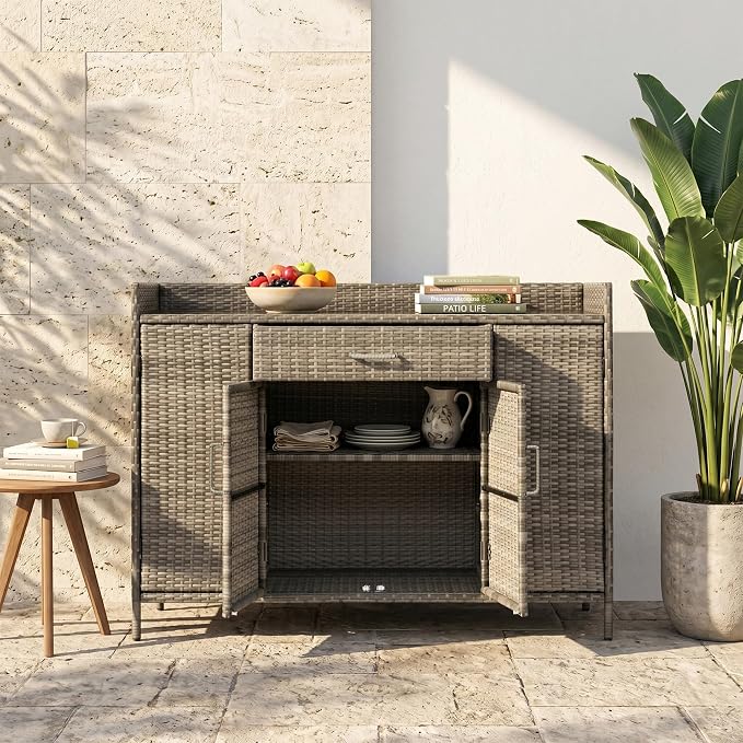 RUNNA 53.2" W Outdoor Weather-Proof Rattan Storage Cabinet with Tempered Glass Desktop,Outdoor Wicker Bar Table with One Large Drawer & Adjustable Shelves for Patio, Backyard,Garden,Pool (Grey#81)