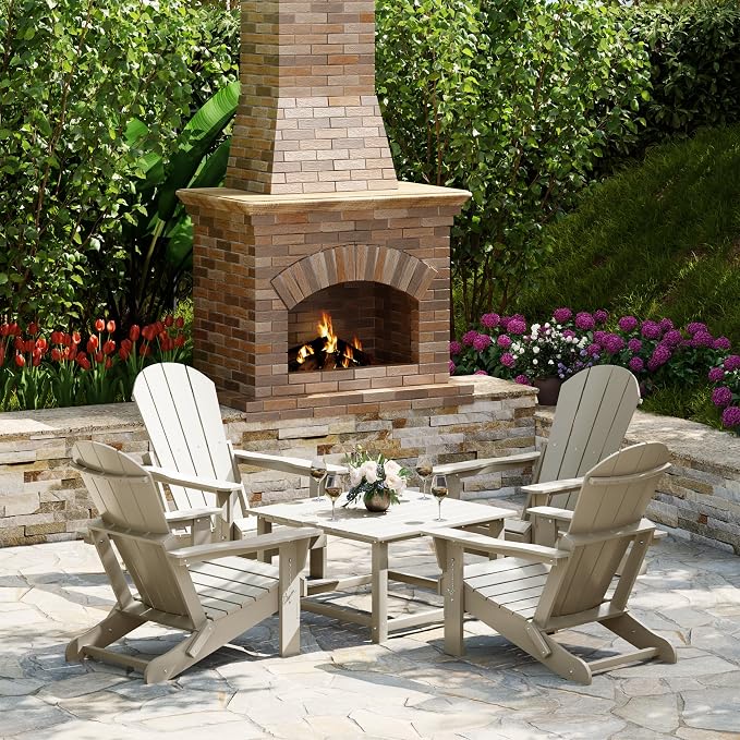 Costaelm Patio Conversation Set, 5 piece Balcony Furniture, Small Patio Firepit Furniture Outdoor Adirondack Square Coffee Table and Chair for Backyard Lawn Porch Pool Garden, Sand
