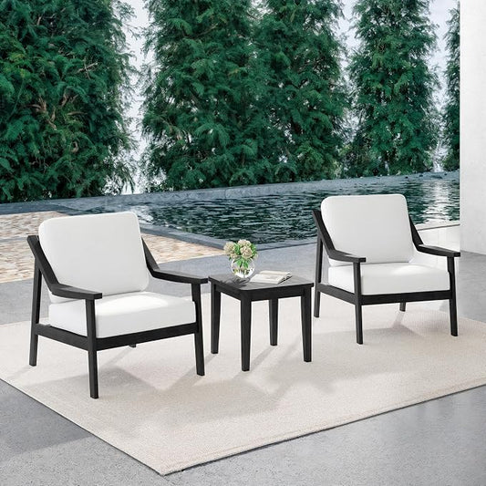 Outdoor Patio Furniture Set, 3 Piece Patio Conversation Sets with Washable Thick Cushions, All-Weather Solid Wood Patio Bistro Set for Porch, Balcony, Black Frame & Beige Cushion