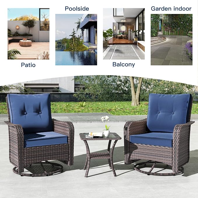 Kullavik Outdoor Swivel Chairs Set of 2,Patio Wicker Rocker Chairs with 4" Thick Cushions and Side Table,Patio Conversation Furniture Set for Patio Porch Deck Backyard,NavyBlue