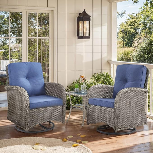 Outdoor Swivel Glider Rocker Chairs - 3 Piece Wicker Patio Furniture Set, All Weather Patio Bistro Sets with Glass Side Table for Balcony Porch Deck Backyard - Grey Wicker Blue Cushion