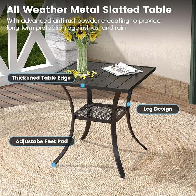 DIFY 3 Piece Outdoor Dining Set for 2, Patio Furniture Set with 27.6" Black Small Square Metal Dining Table & 2 Dark Grey Textilene Swivel Patio Chairs, for Garden Porch Deck