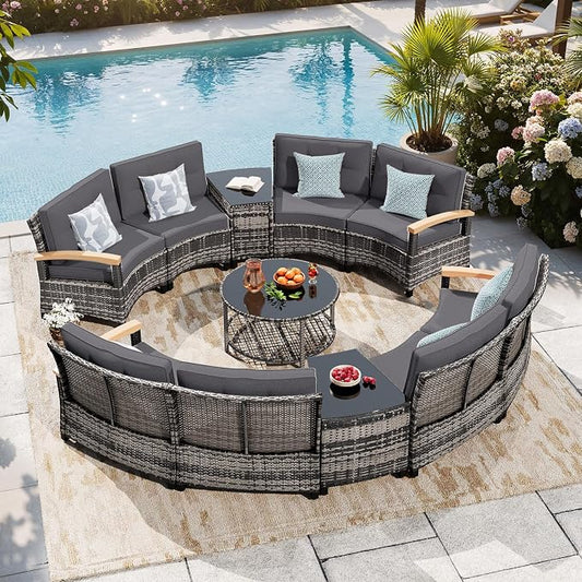 MEISSALIVVE 11-Piece Half-Moon Curved Outdoor Patio Furniture Set, Sectional Conversation Sofa with Wood Armrests, Coffee & Side Tables for Backyard Deck Garden, Grey