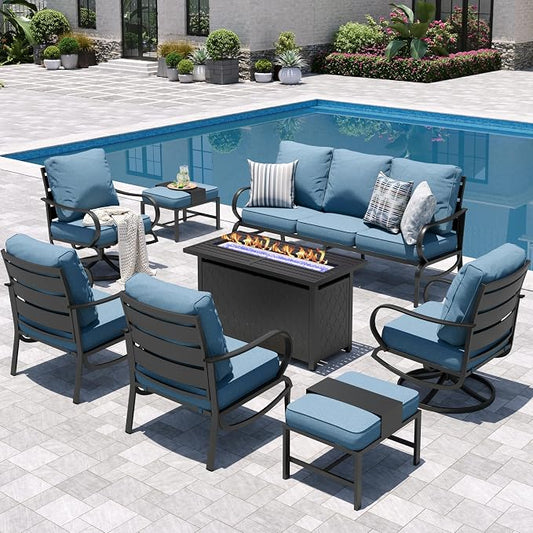 Sophia & William Patio Furniture Sets for 9 with 45" Gas Fire Pit Table Outdoor Conversation Sets 8 Pcs, 2xSofa Chairs, 2xSwivel Cushion Chairs, 1x3-Seat Sofa, 2xOttomans for Porch Poolside Navy