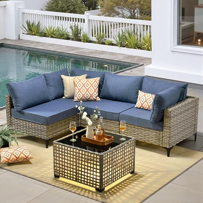 5 Pieces Patio Furniture Set with Solar Light Coffee Table, All-Weather Wicker Outdoor Sectional Conversation Sets L Shaped Sofas for Outside Porch Balcony Backyard Denim Blue
