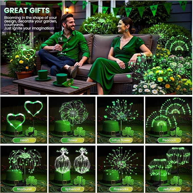 PEVOROS Solar Firework Fairy Garden Lights Outdoor, Green, 6 Pack | 120 LEDs, Waterproof, Fairy Garden Decor, Auto On/Off, Solar Powered, for Yard, Patio, Porch, Flower Pot, Pathway