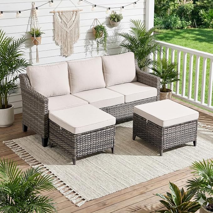 Luxury Patio Furniture Sofa Set - 7 Pieces All Weather Wicker Outdoor Couch and High Back Patio Chairs with Sofa & footstools for Deck Yard and Poolside Gray Wicker | Beige Cushions