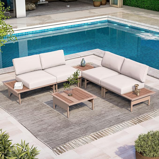 LAUSAINT HOME 6 Pieces Patio Furniture Set, Outdoor Metal Frame Patio Conversation Sets with Coffee Table & Thick Cushions for Garden, Poolside, Backyard(Beige)