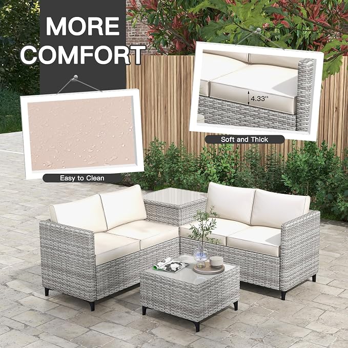 Outdoor PE Rattan Patio Conversation Set with Storage, All-Weather Wicker Sectional Sofa with Cushions for Backyard Garden Porch, Grey White and Khaki