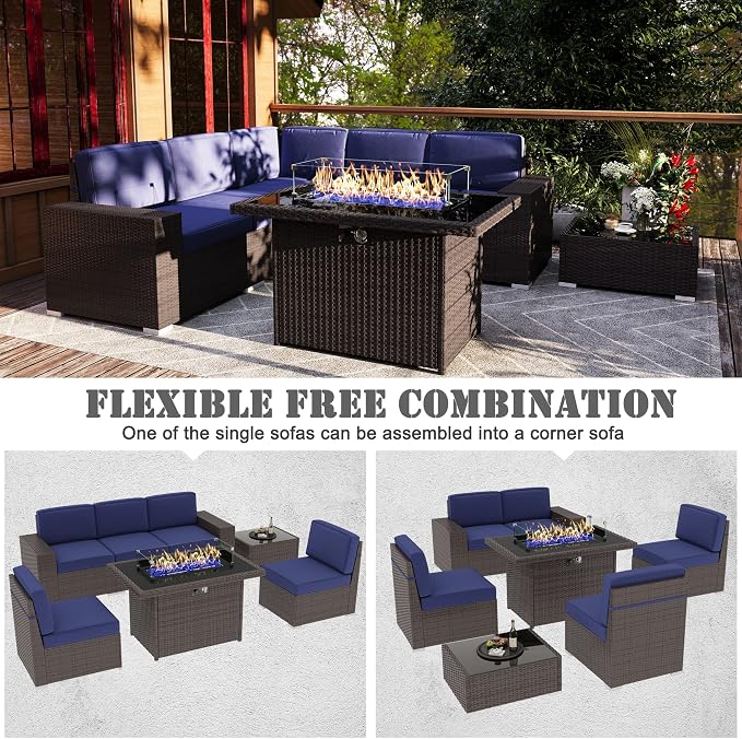 7 Pieces Patio Furniture Set with 44" Propane Gas Fire Pit Table, Outdoor Sectional Brown Rattan Wicker Conversation Sofa Sets with Coffee Table