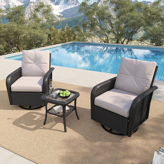 LazySunsets 3 Piece Outdoor Patio Furniture Set, Wicker Rattan Outdoor Furniture with High Back Swivel Rocker Chairs, Outdoor Sofa Set with Thick Cushions & Side Table, Beige