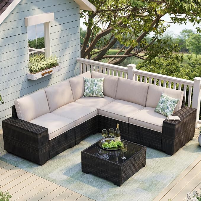JOYURE 6 Pieces Patio Furniture Set, Outdoor Sofa with Waterproof Cushions, Rattan L Shaped Patio Couch & Coffee Table, Modern Outdoor Furniture for Backyard, Deck, Balcony – Beige