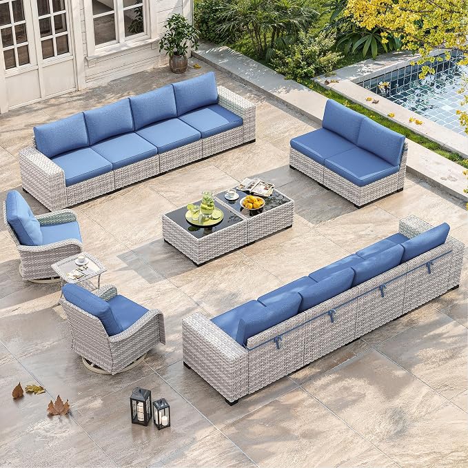 15 Piece Outdoor Wicker Sectional Sofa Set with Swivel Chairs, 12-Seats Patio with 4" Thickened Cushions & Coffee Table, All-Weather PE Rattan for Garden, Backyard, Porch, Blue