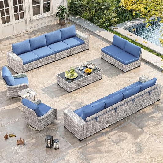 15 Piece Outdoor Wicker Sectional Sofa Set with Swivel Chairs, 12-Seats Patio with 4" Thickened Cushions & Coffee Table, All-Weather PE Rattan for Garden, Backyard, Porch, Blue