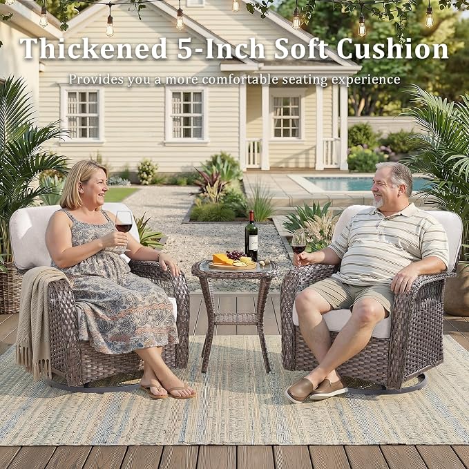 3 PCS Patio Swivel Rocking Chairs Set, Outdoor Wicker Furniture with 5-Inch Thick Olefin Cushions & Rattan Side Table, 360° Swivel Rocker Chairs for Garden, Porch, Backyard, Beige/Brown Wicker
