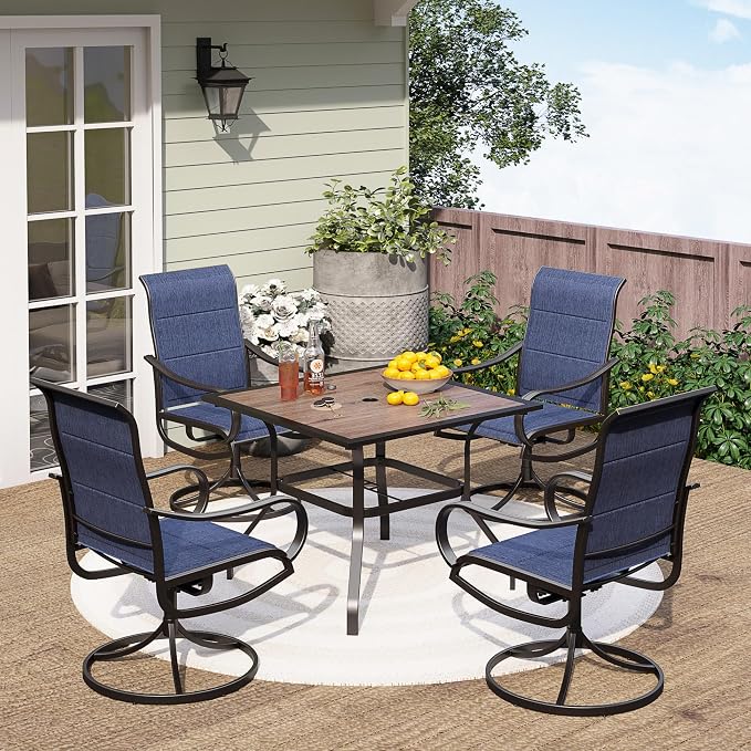 PHI VILLA 5 Piece Outdoor Patio Dining Set with 4 Padded Swivel Dining Chairs & 1 Wood-Look Dining Table, All Weather Blue Chair and Metal Table for Deck Lawn Garden
