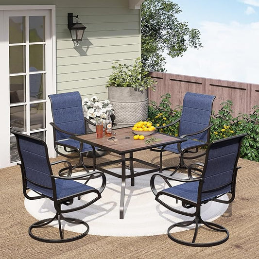 PHI VILLA 5 Piece Outdoor Patio Dining Set with 4 Padded Swivel Dining Chairs & 1 Wood-Look Dining Table, All Weather Blue Chair and Metal Table for Deck Lawn Garden