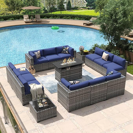 Aoxun 15 Piece Patio Furniture Set with 44” Fire Pit Table Wicker Rattan Outdoor Sectional Sofa Set with Coffee Table and Thickened Cushions, Grey/Blue