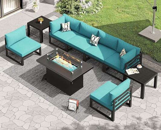 RADIATA 6 Person Modern Aluminum Outdoor Patio Furniture Set with Fireplace, 29 inch Wide Deep Seating, Fade Resistant L-Shaped Sectional Couch, Plus Size Conversation Set for Backyard Terrace, Teal