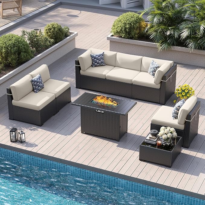 8 Piece Patio Furniture Set with 44” Fire Pit Table All-Weather Wicker Conversation Sectional Sofa & Coffee Table with Thickened Cushions for Backyard, Garden(Khaki)