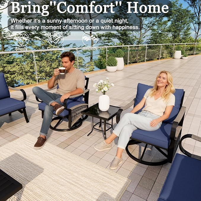 6 Pieces Patio Conversation Sets, All-Weather Metal Swivel Rocking Chairs with Rope Furniture Set, Outdoor Sofa Couch for Deck, Porch, Garden, Backyard, Poolside (Blue Cushions)