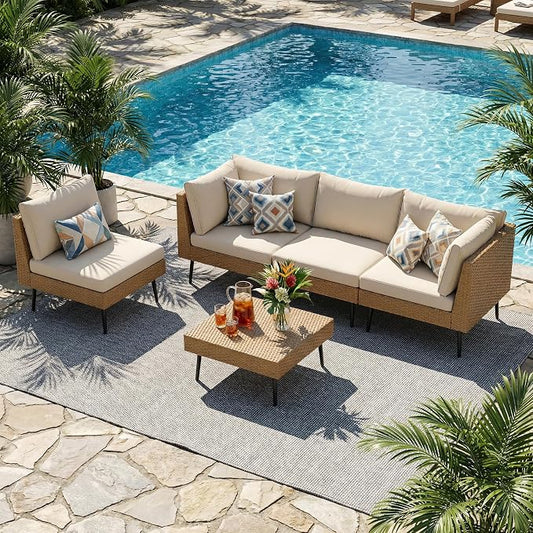 Vikiullf 5 Pieces Patio Conversation Set, Wicker Patio Furniture Set, Outdoor Sectional Sofa with Coffee Table, for Backyard Poolside Deck Patio, 4" Cushions & Modern Design