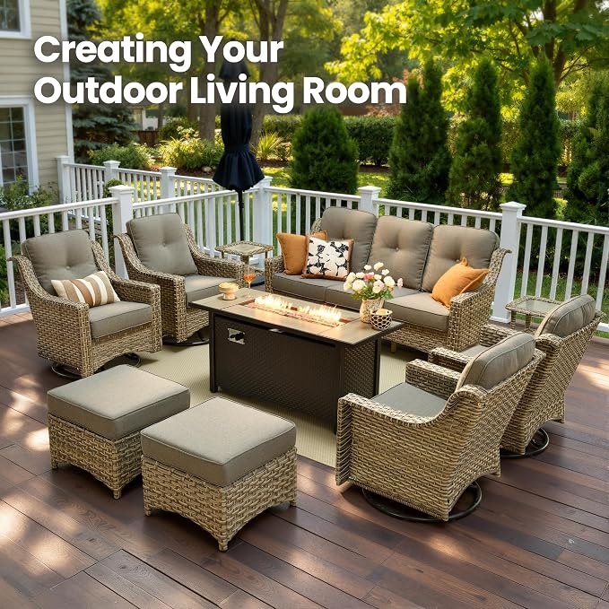 10 Piece Patio Furniture Set with Fire Pit Table, Outdoor Wicker High Back Sofa and Swivel Rocker Chairs Set of 4 with Ottoman, Large Conversation Sets for Backyard Deck Garden, Dark Gray