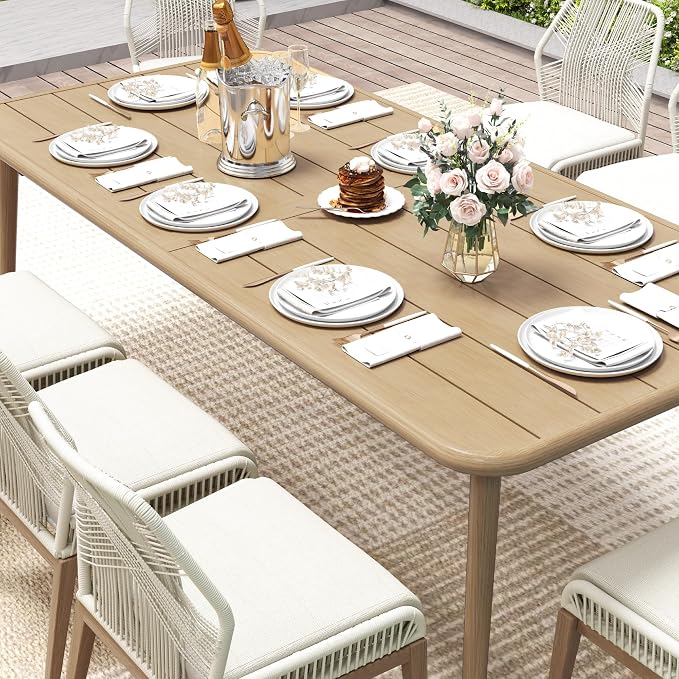 Outdoor Dining Table for 8, Large Rectangular Aluminum Patio Table with Umbrella Hole, 8-Person Rustproof Wood-Like Aluminum Dining Table for Lawn Garden Backyard