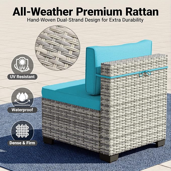 14-Piece Patio Furniture Set, Outdoor Sectional with Thick Cushions, Modular Patio Sofa, Dual-Strand Wicker Rattan, Rust-Resistant Frame, Backyard Furniture for Garden, Deck, Lake Blue