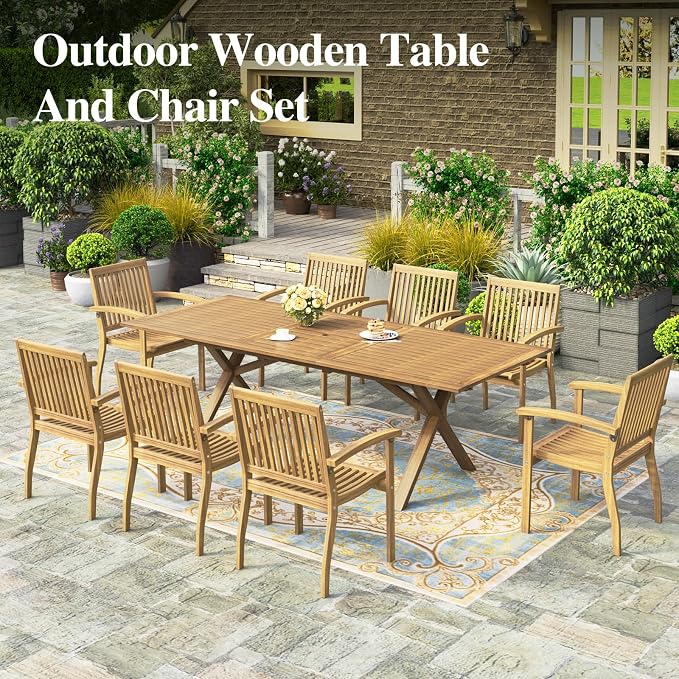 HERA'S HOUSE 7pc Patio Dining Set, Expandable Acacia Wood Table + 6 Chairs | Rectangular wooden table with umbrella hole, Fade-resistant, all-weather furniture for backyard, garden & poolside