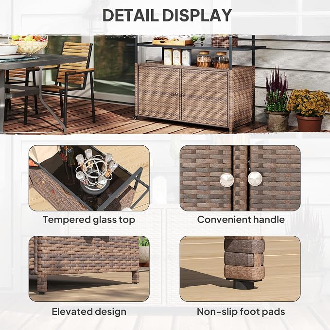 Outsunny PE Rattan Outdoor Storage Cabinet, Wicker Outdoor Bar Table Kitchen Island with Wheels & 2-Tier Shelf, Patio Serving Cart with Glass Top, Handles, Towel Racks for Poolside, Mixed Brown