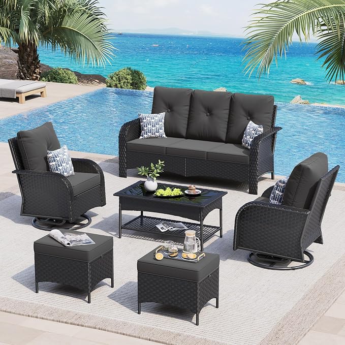 UDPATIO High Back Patio Furniture Set with 2 Swivel Rocker Chairs, Wicker Outdoor Conversation Sets with Thick Cushions & Ottoman, for Garden, Porch