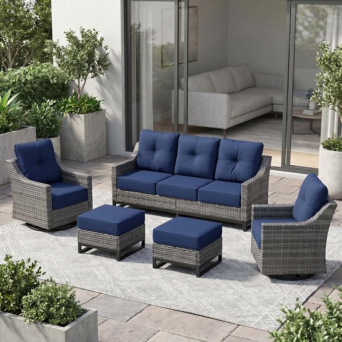 5 Piece Patio Furniture Set,360°Swivel Glider Patio Chairs Set of 2,Sofa and 2 Ottomans,All-Weather Wicker Patio Set Comfortable Seating with 6 Inch Thick Cushions for Porch Deck Balcony Garden