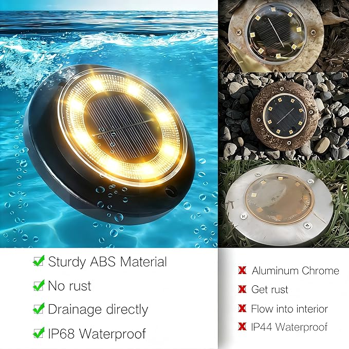 Solar Lights Outdoor Waterproof，Warm White 12 Pack 2-in-1 Ground Lights | Solar Powered Lights Outdoor Solar Disk Light Landscape Light for Deck Step Patio Yard Pathway Walkway Driveway Garden