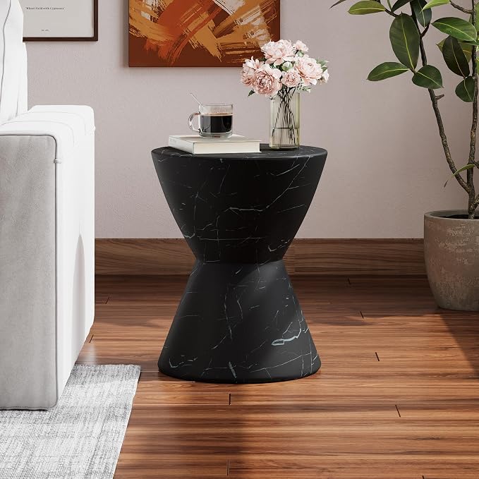 Christopher Knight Home Outdoor Side Table,Hourglass Shape Side Table,Patio Garden Stool Coffee End Table,Decorative Garden Stool for Patio,or Balcony,Lightweight Concrete Material,Black Marble