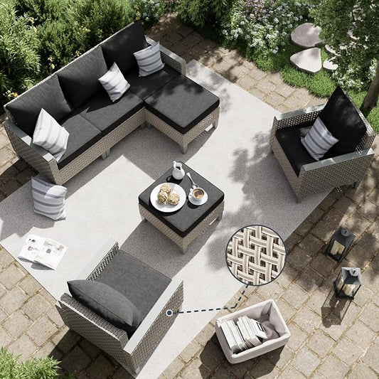 Outdoor Patio Furniture Set 7-Piece Modular Wicker Sectional Sofa with Ottomans and Thick Cushions, Modern Rattan Outdoor Conversation Couch for Garden Backyard, Black