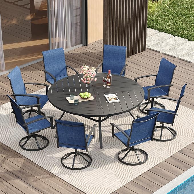 VICLLAX Outdoor Table and Chairs Set of 8, Metal Patio Dining Set-59.9" Round Dining Table and 8 Swivel Chairs for Deck, Lawn and Garden, Black Table and Blue Chairs