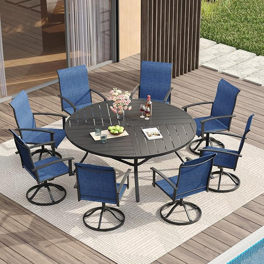 VICLLAX Outdoor Table and Chairs Set of 8, Metal Patio Dining Set-59.9" Round Dining Table and 8 Swivel Chairs for Deck, Lawn and Garden, Black Table and Blue Chairs