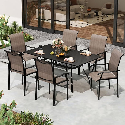 LVUYOYO 7-Piece Outdoor Patio Dining Set, Textilene Dining Chairs & Rectangular Table Set, All-Weather Table and Chairs Set with Umbrella Hole for Backyard, Garden,Balcony,Porch (Brown)