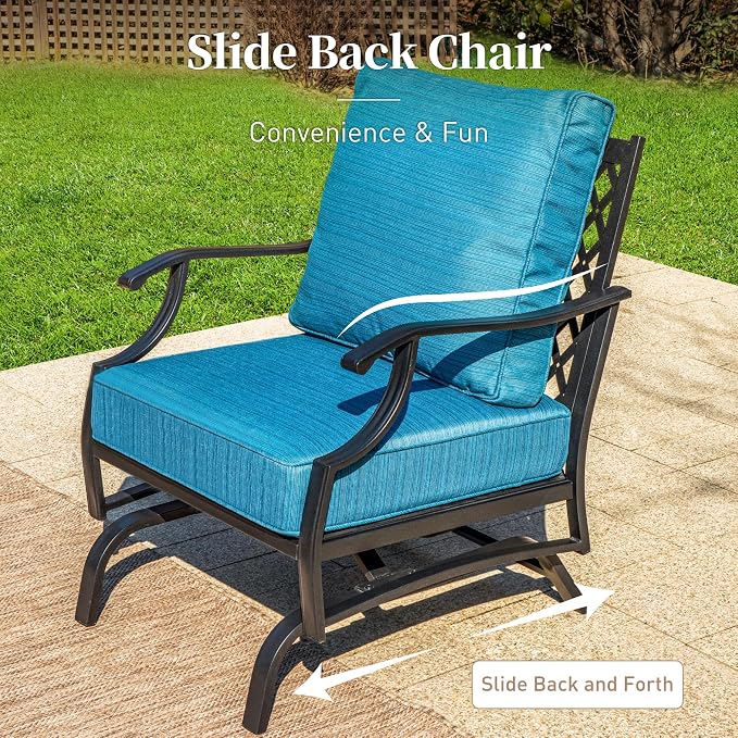 SUNSHINE VALLEY 7 Piece Metal Outdoor Patio Furniture Sets, Patio Conversation Sets 3-Seater Sofa, 2 Rocking Chair, 2 Ottomans with 5.75" Thick Cushion, All-Weather Frame Backyard Furniture, Blue-2