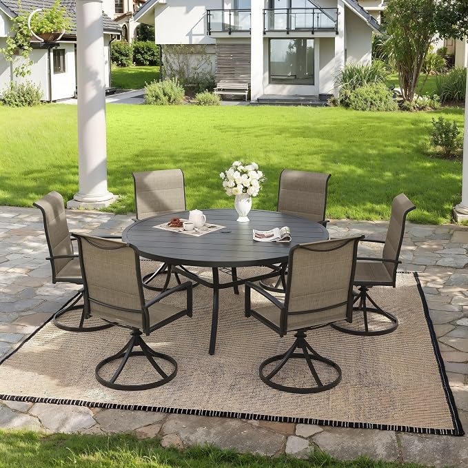 VICLLAX 50" Outdoor Round Patio Dining Table for 4-6, All Weather Metal Dining Table with Umbrella Hole for Deck Lawn Garden Backyard, Black