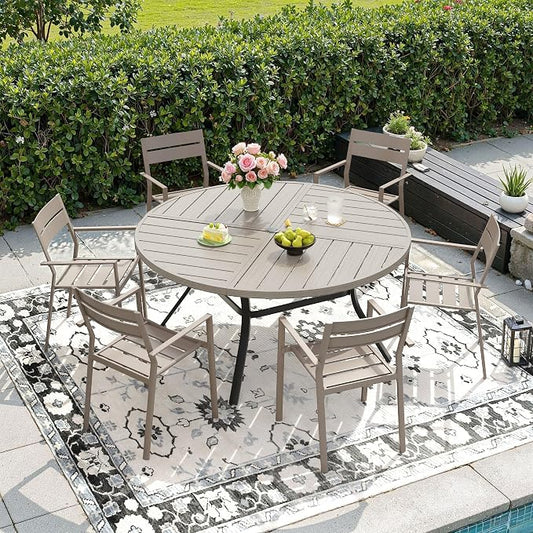 DIFY 7 Piece Outdoor Patio Dining Set for 6, 50" Round Dining Table with Umbrella Hole and Stackable Metal Chairs, Patio Table and Chairs Set for Backyard Garden Poolside, Grey Wood-Like & Sandshell