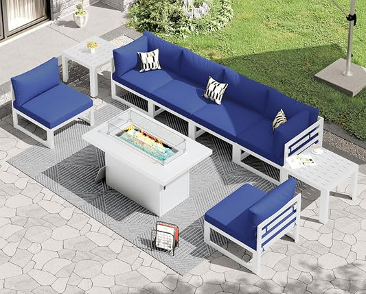 RADIATA 9 Piece Large Modern Aluminum Outdoor Patio Furniture Set with Fire Pit Table, 29" Wide Deep Seat, Rust Proof Comfy Sectional Sofa with Coffee Table, 500 lbs Sturdy Conversation Set, Navy Blue