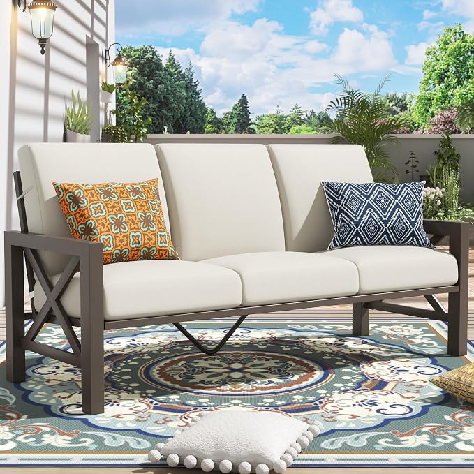 NATURAL EXPRESSIONS 4 Pieces Patio Furniture Set, Outdoor Furniture Sofa Sectional Modern Metal Patio Conversation Set with High Back Backrest & 3 Seater Loveseat and 2 Fixed Chairs