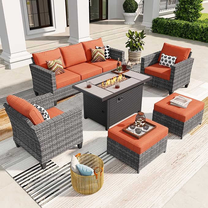 ovios 6 Pieces Patio Furniture Set with Fire Pit Table, Outdoor Wicker 3-Seat Sofa with Comfy Cushion, High Back Rattan Conversation Set for Deck Porch, Orange Red