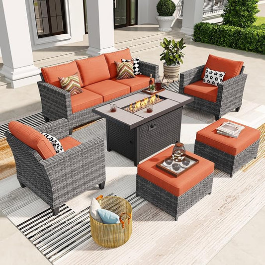 ovios 6 Pieces Patio Furniture Set with Fire Pit Table, Outdoor Wicker 3-Seat Sofa with Comfy Cushion, High Back Rattan Conversation Set for Deck Porch, Orange Red