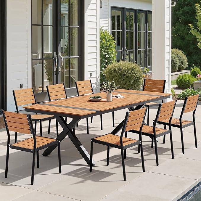 Pellebant Outdoor Dining Set for 8, 9 Pieces Aluminum Patio Table and Stackable Armless Chairs with Umbrella Hole & Wood-Like Top, Brown