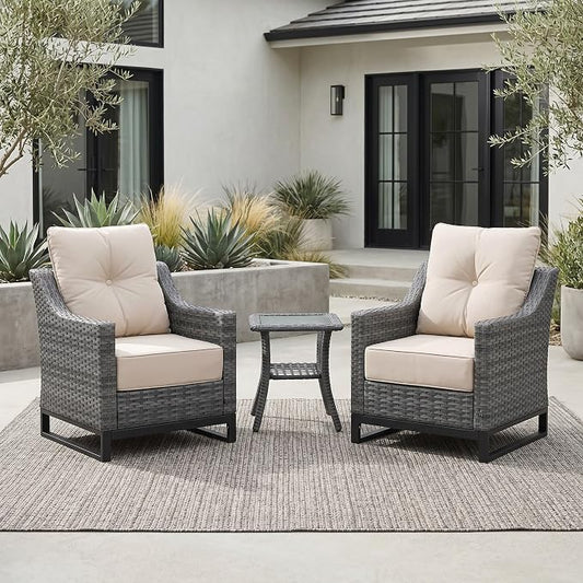 3-Piece Outdoor Patio Furniture Set, Grey Wicker Conversation Set with 2 High-Back Chairs and Side Table, 6-Inch Beige Olefin Cushions for Porch, Deck, Balcony